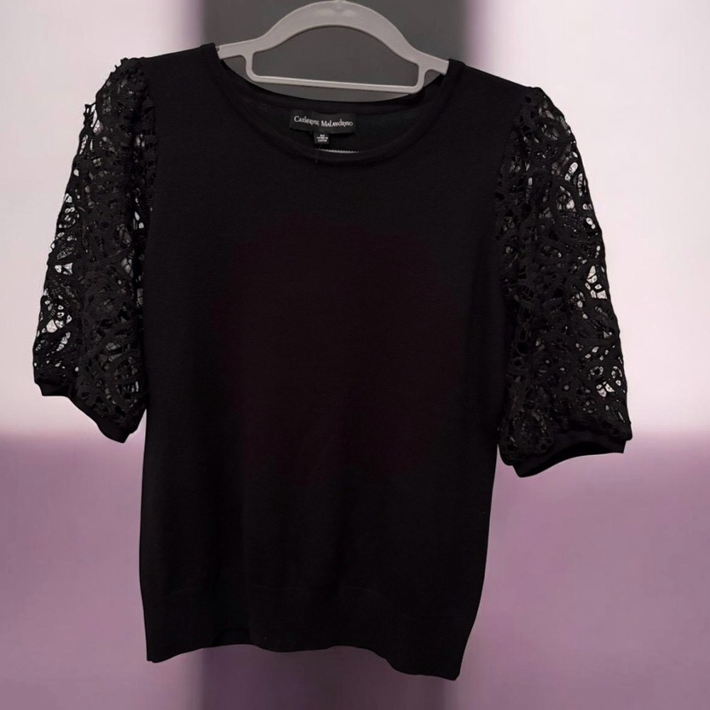 Catherine Malandrino Black Lace Puff Sleeve Knit Top